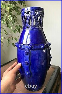 Grand vase art déco au perroquet bleu cobalt