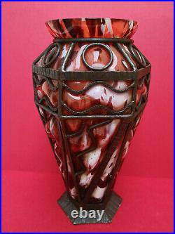 Grand vase art deco cerclé métal Lorrain ou Daum Nancy ou Majorelle H 35