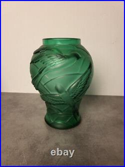 Gros Vase Art Deco En Verre Vert Decor D'oiseaux
