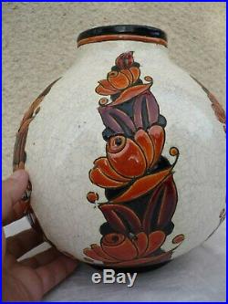 Gros Vase Boule Art Deco Ceramique Craquelee Emaux Boch Freres Keramis 1930