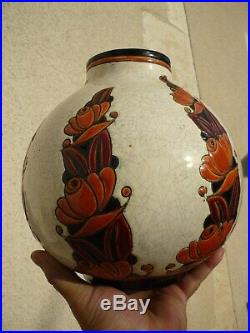 Gros Vase Boule Art Deco Ceramique Craquelee Emaux Boch Freres Keramis 1930