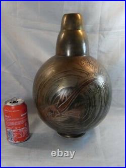 H Grunne Ancien Rare Grand Vase Ovoide Dinanderie Art Deco Bronze Poisson Design