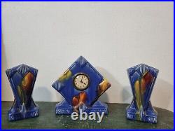 Horloge Pendule De Cheminée ART DECO + 2 Vases Céramique Bleu Vintage Belgique