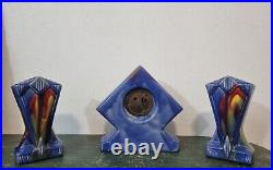 Horloge Pendule De Cheminée ART DECO + 2 Vases Céramique Bleu Vintage Belgique