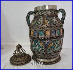 Jobbana grand pot couvert faïence polychrome art déco serti métal ajouré vase
