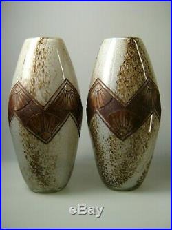 LEGRAS ancienne paire de vases Art Déco, décor gravé à l'acide