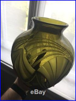 Legras Grand Vase Verre Vert Gravé À L'acide Et Au Sable Art Déco