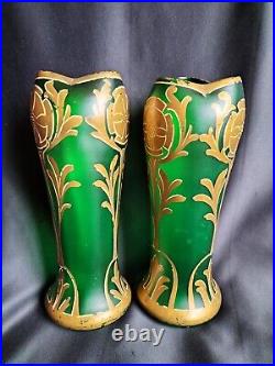 Legras / Paire de vases Belgrade en verre vert émeraude et doré or / Art Déco