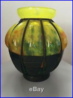 Lorrain ecole de Nancy Daum vase pate de verre et fer forgé Art Déco