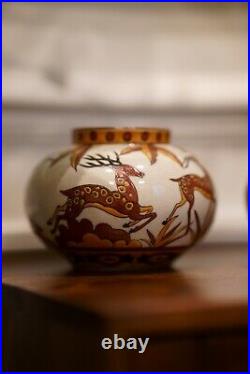 Lot de vases boules en céramique Keralouve à décor de gazelles Art déco orange