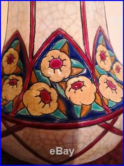 Magnifique et rare grand vase ancien en émaux de Longwy art déco