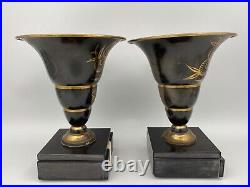 Paire De Vases 1930 Art Deco Metal Laque Dore Marbre Noir M859