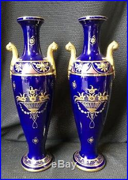 Paire De Vases Art Deco Faïence De Tours Décor Doré / Bleu De Sévres 1925 Signé
