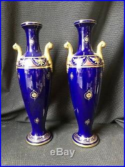 Paire De Vases Art Deco Faïence De Tours Décor Doré / Bleu De Sévres 1925 Signé