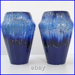 Paire De Vases Art Deco Francais Ceramique Francaise Gres Bleu 1920 1930 Vintage