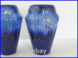 Paire De Vases Art Deco Francais Ceramique Francaise Gres Bleu 1920 1930 Vintage