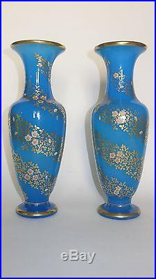 Paire De Vases Balustre Opaline Bleue Baccarat Rare Pair Of Baccarat Vases Blue