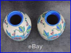 Paire De Vases Céramique Keramis Frères Boch Catteau Décors Fleurs Art Deco