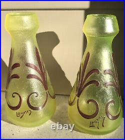 Paire De Vases Ouraline Uranium Art Deco Géométrique Acide Legras Montjoye