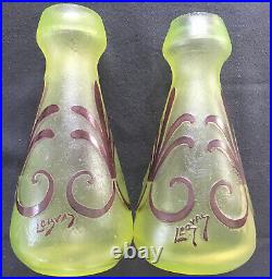 Paire De Vases Ouraline Uranium Art Deco Géométrique Acide Legras Montjoye