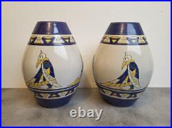 Paire De Vases Ovales Keralouve La Louvriere Decor De Toucans Art Deco