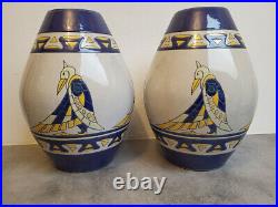 Paire De Vases Ovales Keralouve La Louvriere Decor De Toucans Art Deco