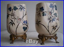 Paire Vases Ceramique Art Nouveau Japonisante Bronze Dore Deco Luneville Galle