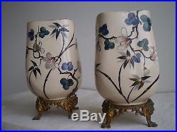 Paire Vases Ceramique Art Nouveau Japonisante Bronze Dore Deco Luneville Galle