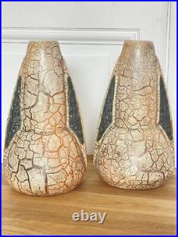 Paire de Vase Art Déco à décor de feuilles Aspect Craquelé Arts & Crafts