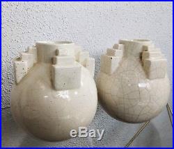 Paire de Vases ART DECO céramique craquelée Anses en gradins