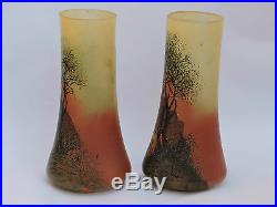 Paire de vases art déco Nancy Legras verre émaillé pêcheur en barque 28 cm