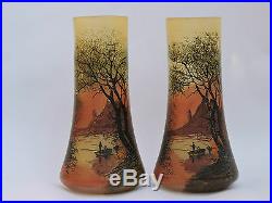 Paire de vases art déco Nancy Legras verre émaillé pêcheur en barque 28 cm