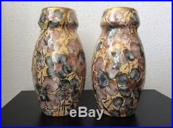 Paire de vases céramique émaillée et dorée à décor floral signé D'Argyl Art Déco