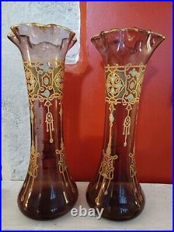 Paire de vases en verre émaillé et doré or / Art-Déco, Art-nouveau