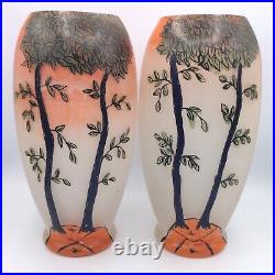 Paire de vases verre teinté dépoli émaillé à décor d'arbres de Legras Art Déco