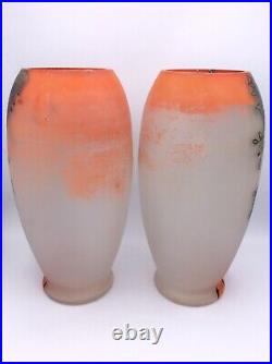 Paire de vases verre teinté dépoli émaillé à décor d'arbres de Legras Art Déco