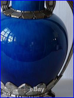 Paul Milet Sèvres, Vase Art Déco Porcelaine Bleue Et Bronze Argenté