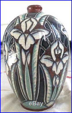 Piece Unique Vase Art Déco Signé Raoul Lachenal À Décor D'iris Somptueux