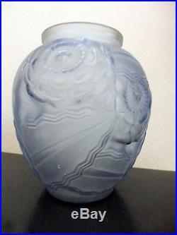 Pierre D'avesn France Vase Bleu En Verre Soufflé Moulé Dépoli Art Déco 1920/30
