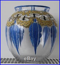 Rare Beau Vase Art Deco Verre Emaille Signe Mazoyer