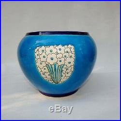 Rare! Emaux de Longwy Grand Cache-pot Vase Turquoise Décor Fleurs Art Deco 1930