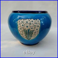 Rare! Emaux de Longwy Grand Cache-pot Vase Turquoise Décor Fleurs Art Deco 1930