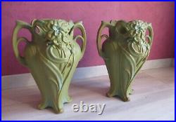 Rare Paire De Vases Art Deco Lyonnais Barbotine Onnaing N° 729