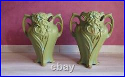 Rare Paire De Vases Art Deco Lyonnais Barbotine Onnaing N° 729