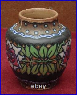 Rare magnifique ancien vase céramique keramis décor art déco floral en relief