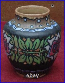 Rare magnifique ancien vase céramique keramis décor art déco floral en relief