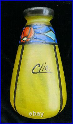 Rare vase ART DECO 1930 verre émaillé signé CLIO jaune 12,5 cm no pâte de verre