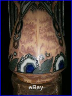 Rare vase cylindrique Art Deco Quimper HB signé Renaud