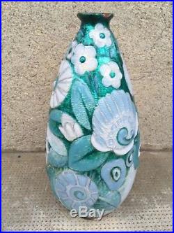 Rare vase design signé CAMILLE FAURE LIMOGES enamel fleurs stylisé art deco