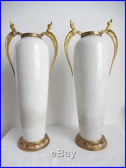 Sèvres, grande paire de vases craquelé, monture bronze, art déco